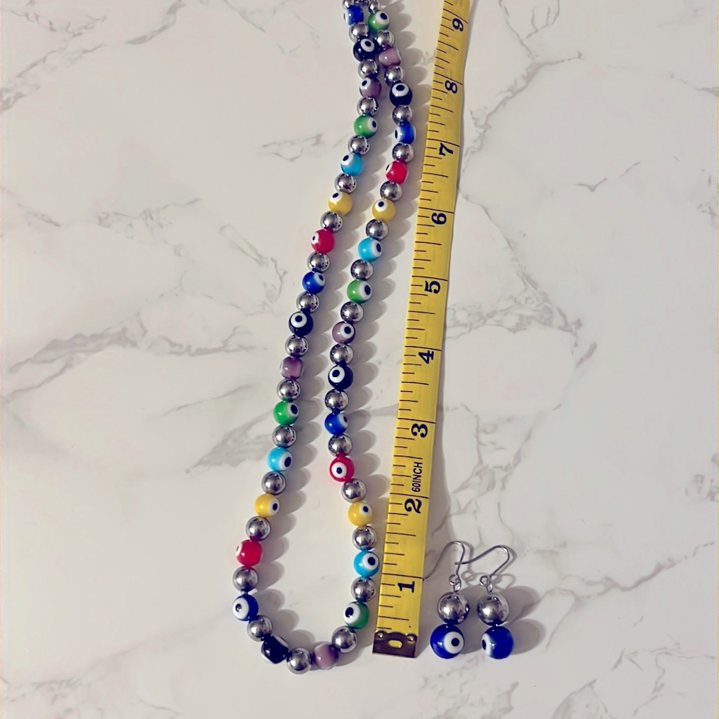 The “Evil Eye” Sterling Silver Beaded Necklace With Matching Earrings